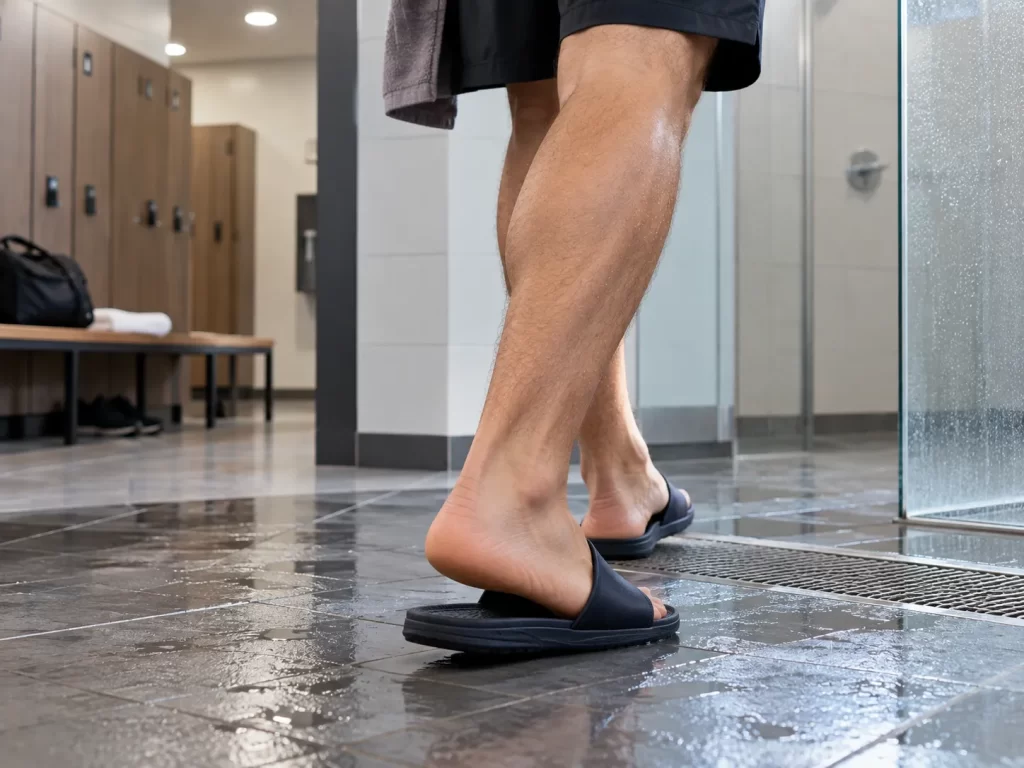 Paso al área de duchas con sandalias de baño